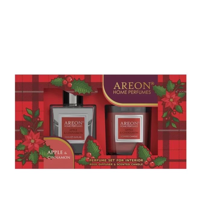 AREON Apple & Cinnamon set: home perfume 150 ml + candle Apple & Cinnamon namų kvapo ir žvakės rinkinys