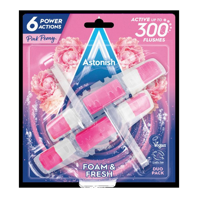 ASTONISH WC Pakabinamas valiklis-gaiviklis rožinių bijūnų kvapo 2x40g