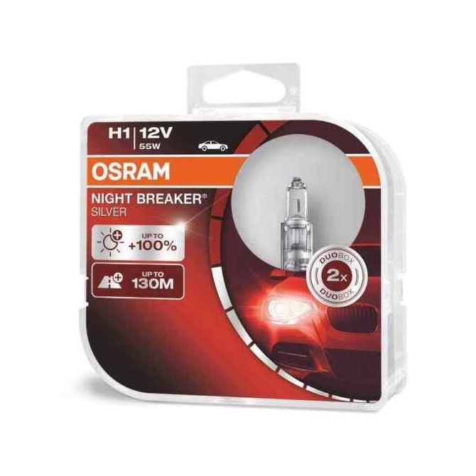 OSRAM Automobilinės lemputės NIGHT BREAKER SILVER +100% H1 55W 12V P14.5S 2vnt