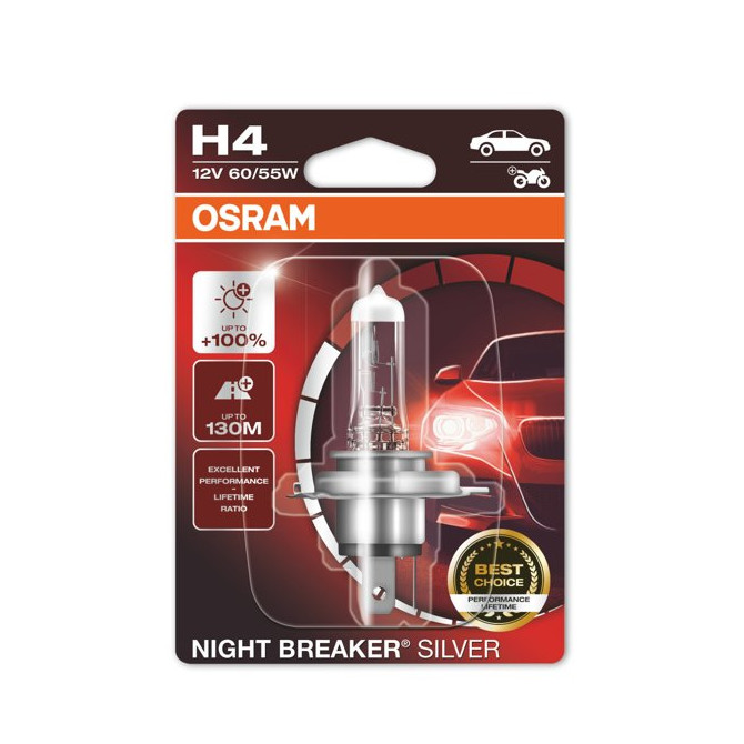 OSRAM Automobilinė lemputė NIGHT BREAKER SILVER +100% H4 60/55W 12V P43T 1vnt