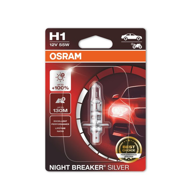 OSRAM Automobilinė lemputė NIGHT BREAKER SILVER +100% H1 55W 12V P14.5S 1vnt