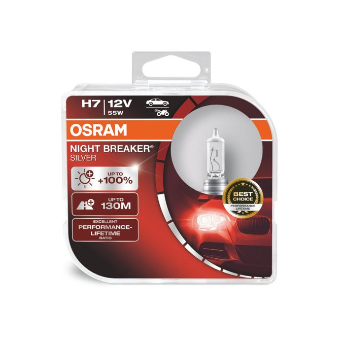 OSRAM Automobilinės lemputės NIGHT BREAKER SILVER +100% H7 55W 12V PX26D 2vnt