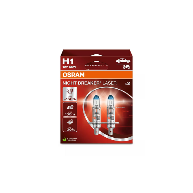 OSRAM Automobilinės lemputės NIGHT BREAKER LASER +150% H1 55W 12V P14.5S 2vnt